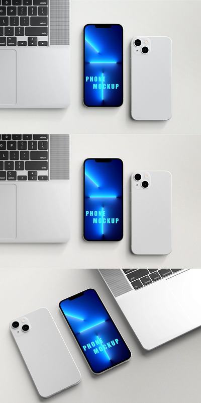 iPhone 13 手机电脑组合展示样机 (PSD,PDF)