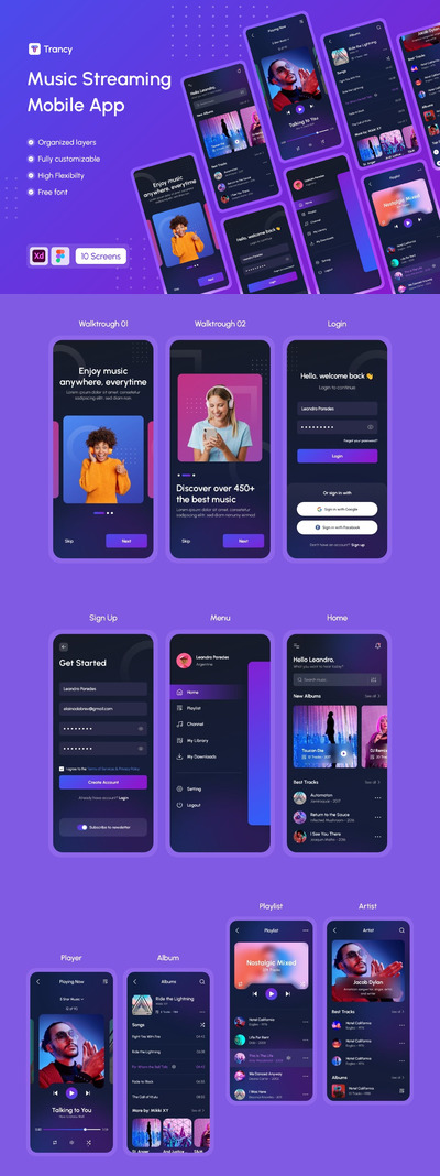 Trancy - 音乐媒体移动应用程序UI工具包(XD)