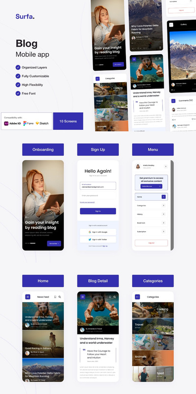 高品质的新闻博客APP UI KITS-XD, SKETCH, FIG