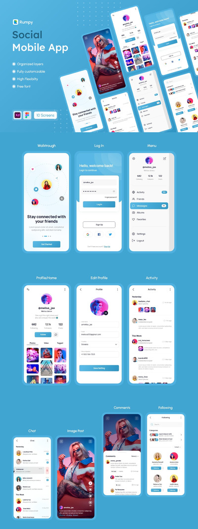 现代且干净的社交媒体 App UI Kit (XD)