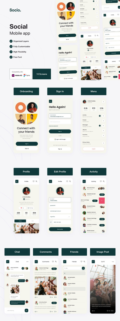 现代且干净的社交媒体 App UI Kit (XD)