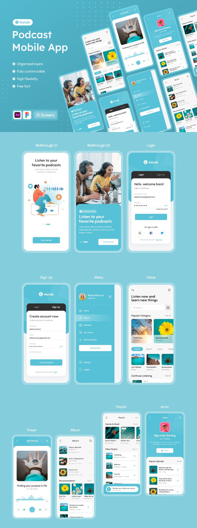 干净的播客 App UI Kit (XD)
