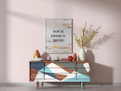 房间粉色墙壁白色相框样机[psd]