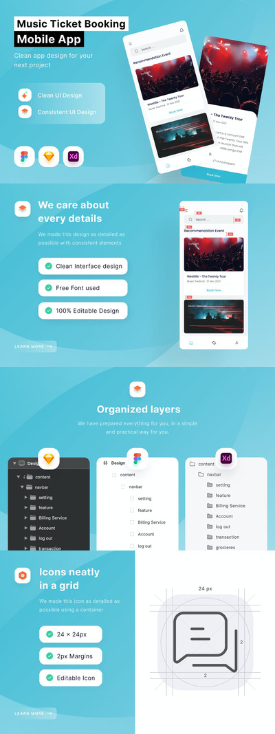 音乐会门票 App UI (FIG,SKETCH,XD)