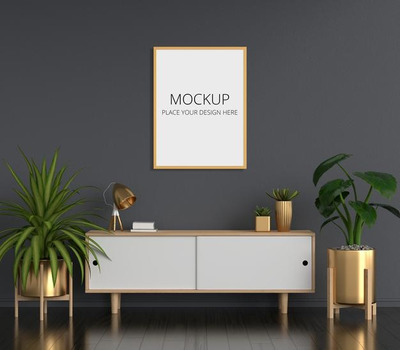 黑色客厅场景海报框架样机[psd]