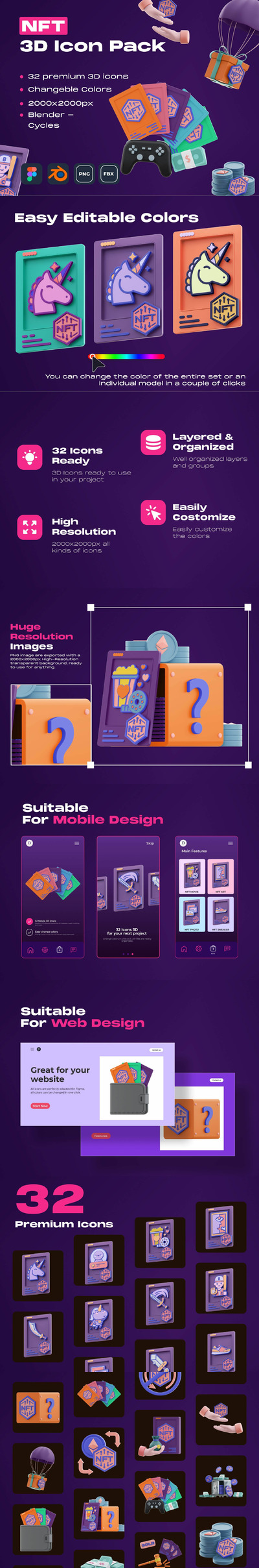 Blender打造适合UI设计的32个高级NFT主题卡通风格3D图标包（Blend,fbx）