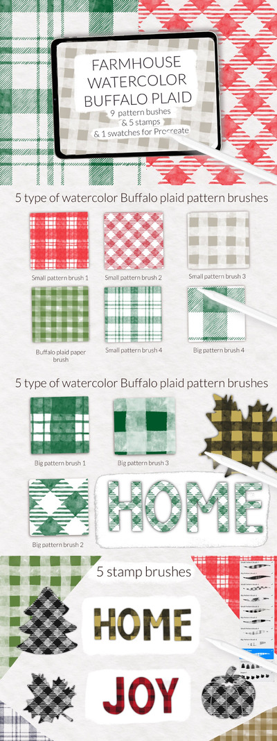 水彩农舍水牛格子无缝图案刷套件 (BRUSHSET,SWATCHES)