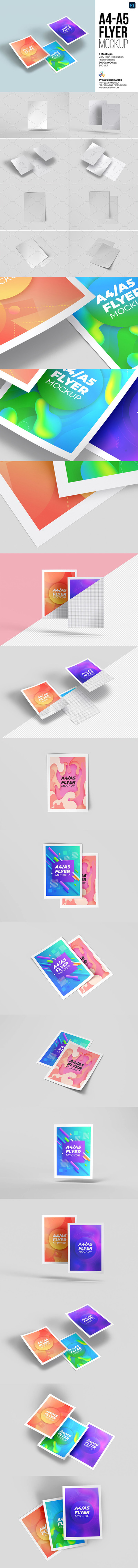 A4-A5尺寸纸张传单海报样机 (psd)
