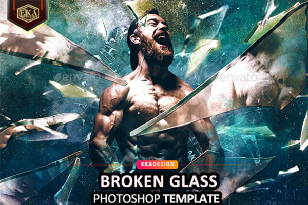 破碎的玻璃效果照片特效模板 (psd)