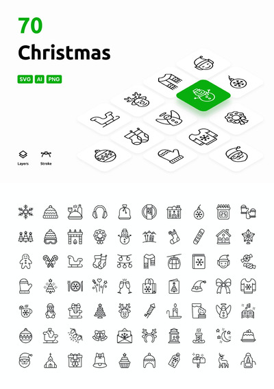 70个描边轮廓矢量圣诞节图标套装下载