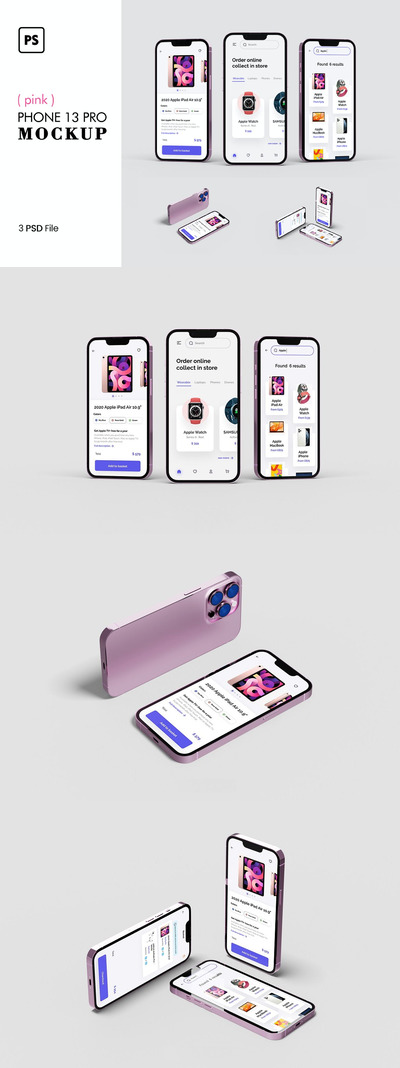 粉红色的高品质iPhone 13 Pro APP UI样机展示模型mockups