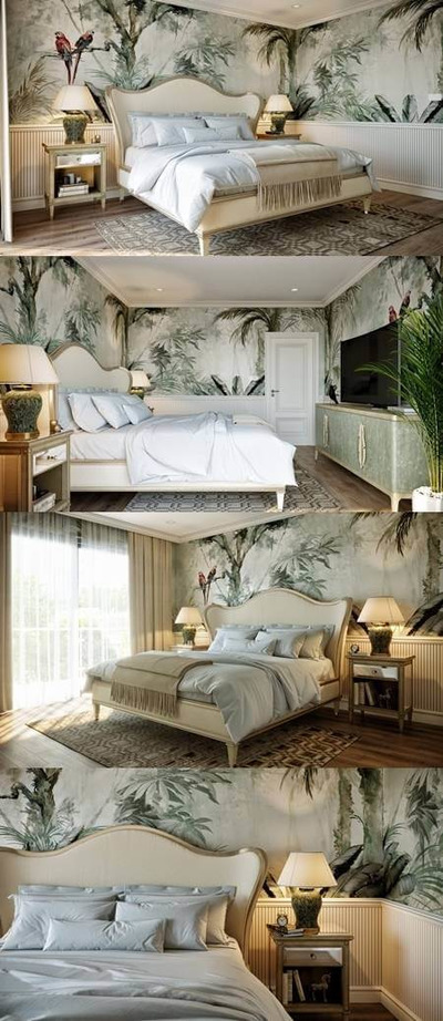 自然风卧室室内设计卧室家具和装饰组合3D模型（MAX）