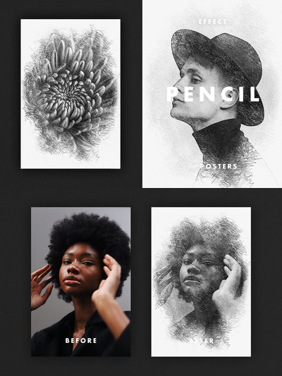 逼真质感的铅笔手绘素描海报photoshop动作预设