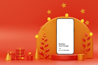 圣诞场景圣诞树空白手机样机 (PSD)