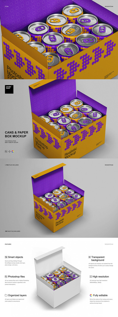 罐头和纸盒包装设计样机 (psd)