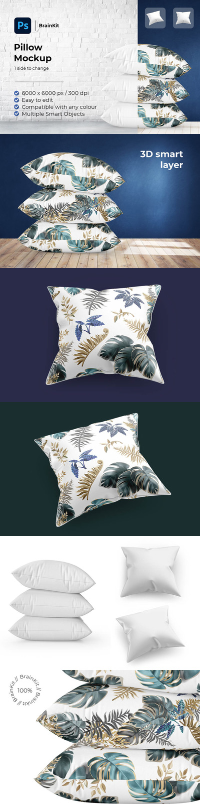 方形枕头面料图案设计样机 (psd)