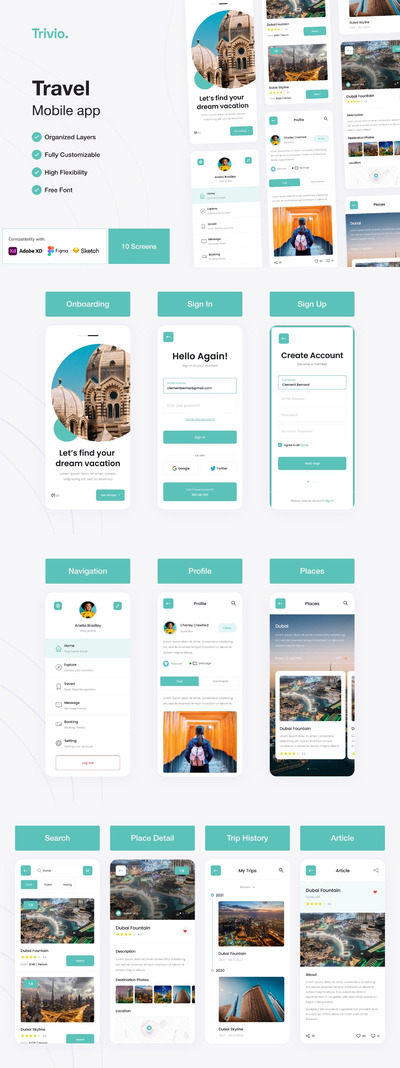 旅游和旅行移动应用程序 App UI Kit (FIG,SKETCH,XD)