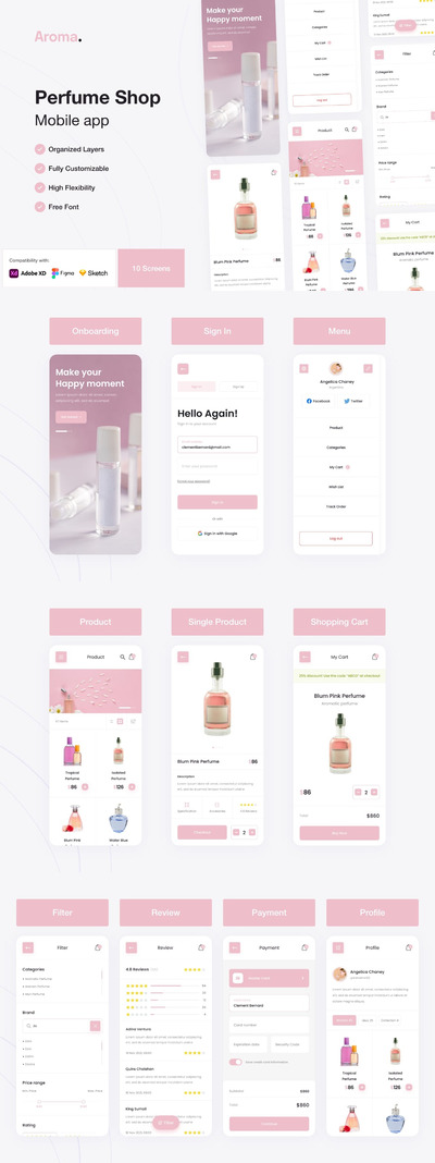 香水店应用程序移动应用程序App UI Kit (FIG,SKETCH,XD)