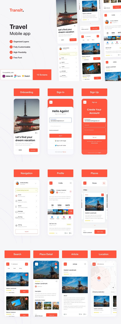 交通-旅游和旅行 App UI Kit (FIG,XD,SKETCH)