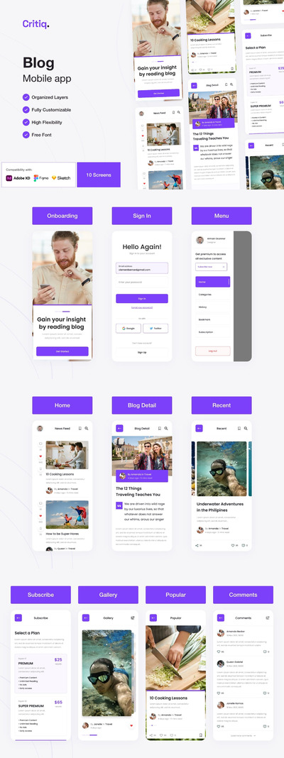 博客和新闻移动应用程序  App UI Kit (XD,FIG,SKETCH)
