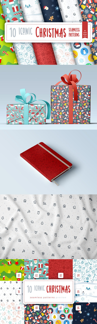 高品质的矢量2022新年圣诞节矢量无缝背景底纹纹理集合-AI, EPS, JPG, PNG