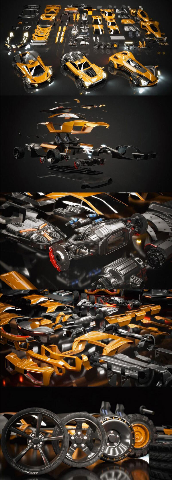 专业的赛车汽车可拆组件套装3D模型下载（C4D,Blend,Max,FBX,OBJ,Ma）