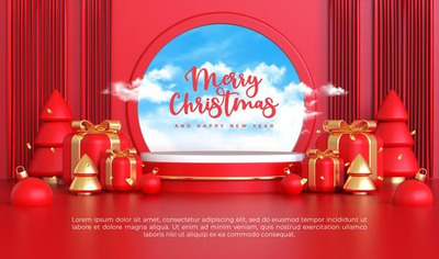 红色装饰3D展示平台圣诞新年素材[PSD]