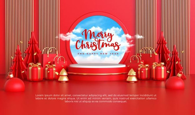红色礼品装饰3D展示平台设计圣诞素材[PSD]