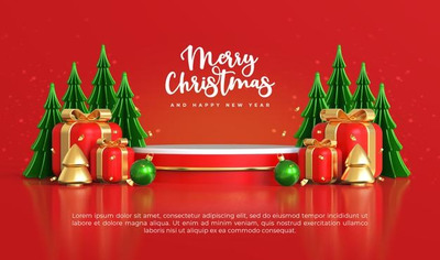 3D平台和圣诞树装饰品元素圣诞/新年素材[psd]