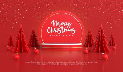 红色圣诞树3D平台圣诞素材[psd]