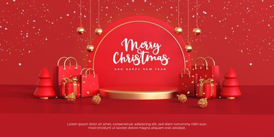 大红礼品装饰3D展示台圣诞设计素材[psd]