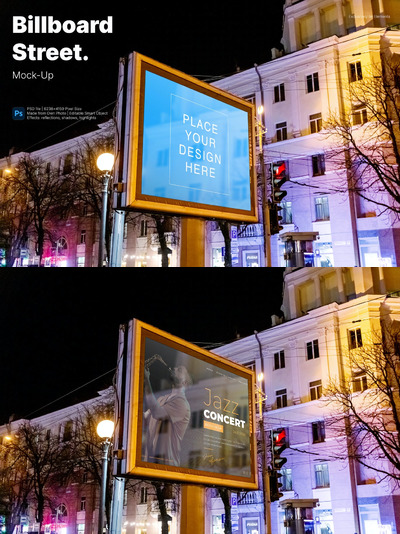 夜晚街道广告牌横幅模型（PSD）