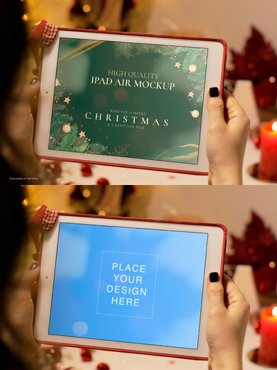 圣诞模型:女人手上的iPad平板电脑 (PSD)