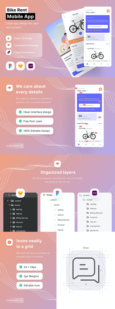 高品质的时尚高端自行车租车APP UI KITS-FIG, SKETCH, XD
