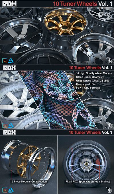 高端的汽车轮胎轮毂3D模型套装下载（FBX,OBJ,Max）