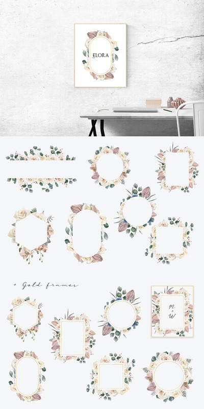 水彩玫瑰和兰花框架图案