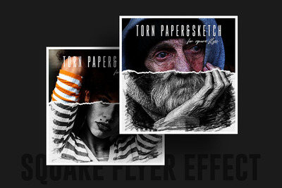 高品质的时尚高端方形海报纸张撕纸手绘素描效果图层样式-PSD