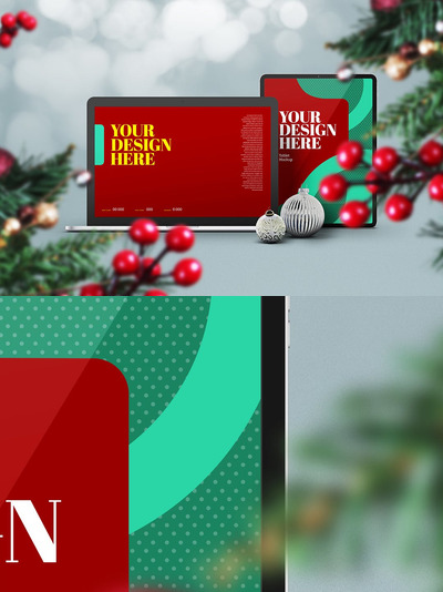 圣诞笔记本电脑平板电脑pro样机（PSD）