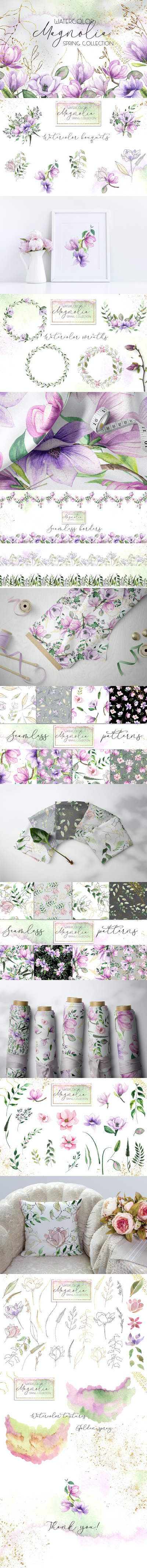 高端水彩木兰花图案背景(JPG,PNG)