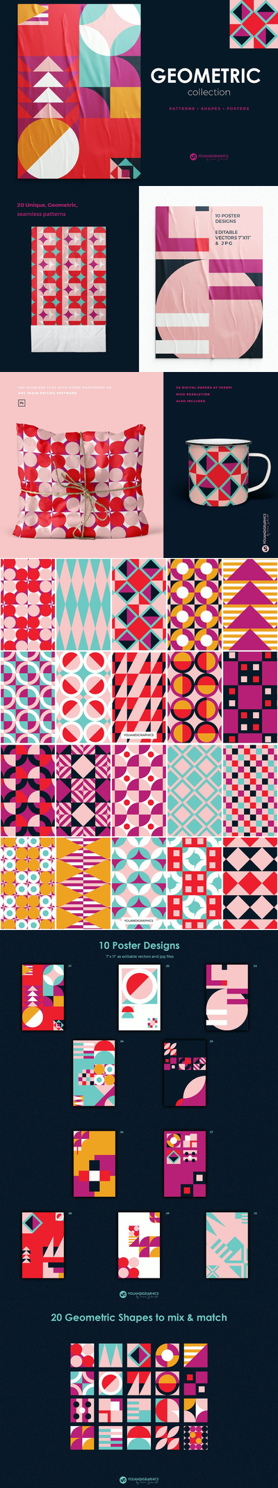 时尚高端抽象的高品质抽象新孟菲斯风格几何图形矢量无缝背景底纹纹理集合-AI, JPG, EPS