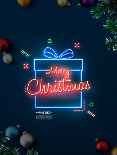 圣诞礼品盒霓虹灯海报设计模板 (psd)