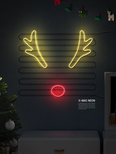 鹿角圣诞主题霓虹灯海报设计模板 (psd)