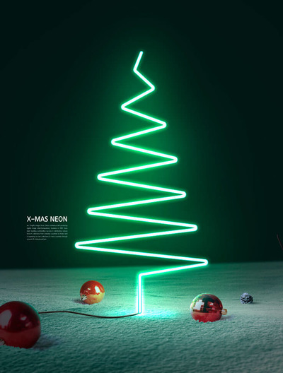 圣诞树形状霓虹灯海报设计模板 (psd)
