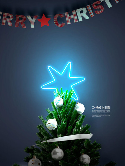 圣诞装饰六角星霓虹灯海报设计模板 (psd)