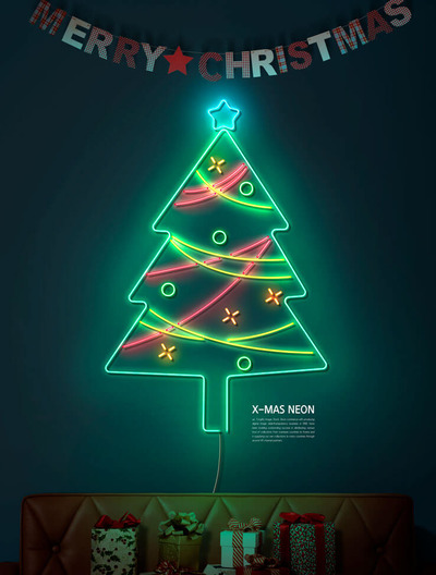 发光圣诞树霓虹灯海报设计模板 (psd)