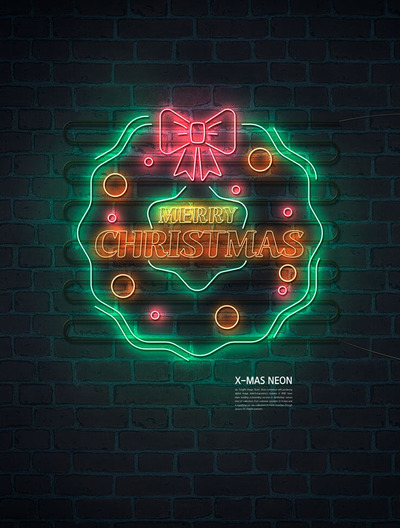 圣诞祝福花环霓虹灯海报设计模板 (psd)