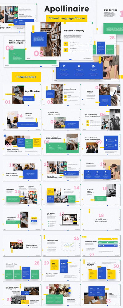 高品质的时尚清新高端语言学习线上教育powerpoint幻灯片演示模板（pptx）