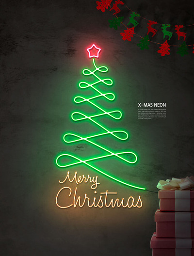 发光线条圣诞树霓虹灯海报素材 (psd)