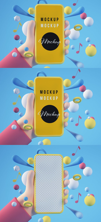 带有原始形状智能手机的卡通手样机（PSD）