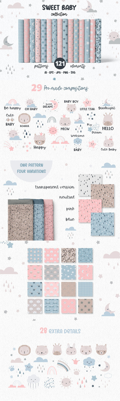 时尚高端清新简约可爱风格的儿童元素背景底纹纹理集合-AI, EPS, JPG, PNG, SVG